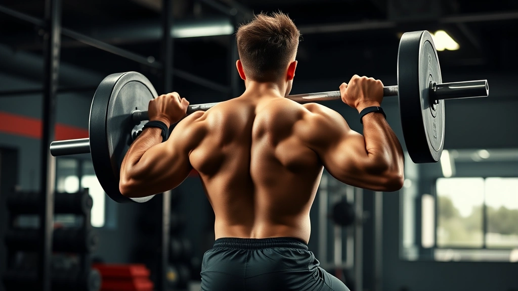 Athletic high school football player performing explosive barbell back squat with perfect form in professional weight room, intense focus and strength displayed, natural lighting