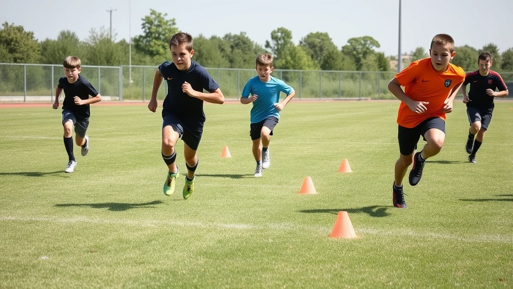 Young football athletes running sprint drills on grass field with cones and markers, explosive acceleration and speed work, outdoor training environment with clear sky