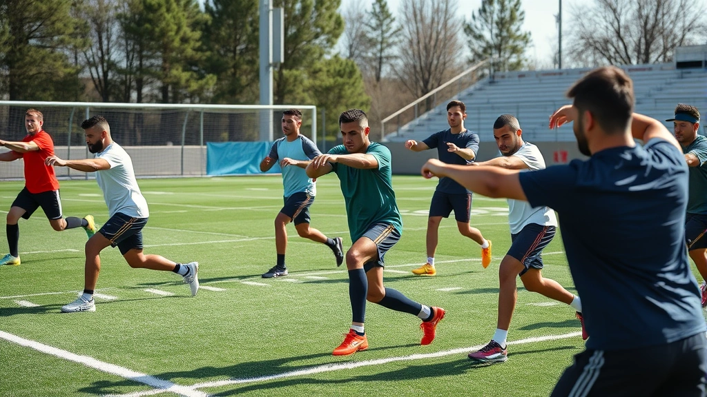 Diverse football team performing dynamic stretching and mobility warm-up drills on field before practice, coordination and preparation focus, natural daylight