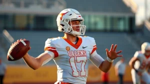 College football quarterback in Texas uniform throwing football during practice, focused intensity, athletic form, stadium background slightly blurred, morning sunlight illuminating field