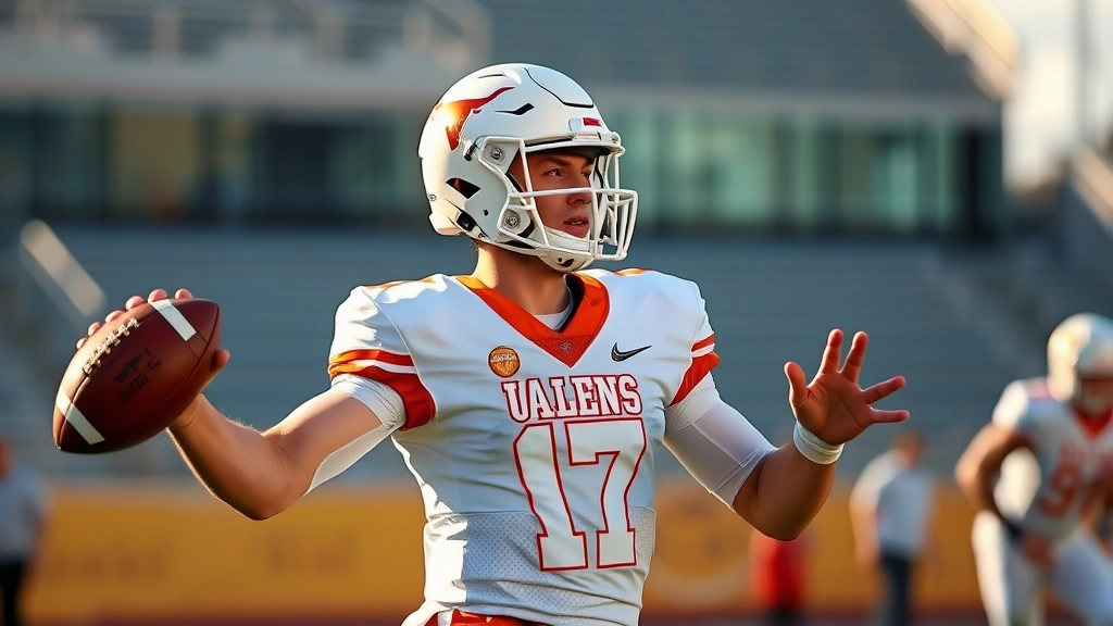 College football quarterback in Texas uniform throwing football during practice, focused intensity, athletic form, stadium background slightly blurred, morning sunlight illuminating field