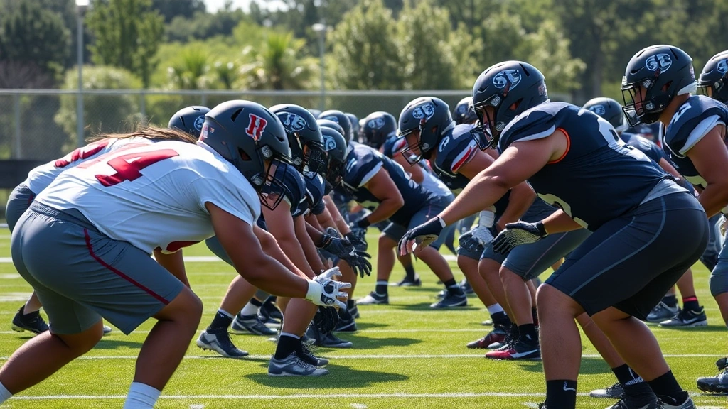 Offensive line players in football stance during team practice, multiple players engaged in blocking drills, athletic execution, natural field lighting, competitive intensity visible