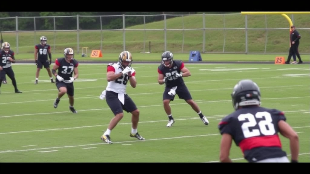 Defensive secondary players in coverage drills during football practice, athletic positioning and movement, field environment, training intensity captured, professional form demonstration