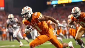 Professional football player in Texas Longhorns burnt orange uniform executing powerful running back carry through defensive line, intense athletic movement, stadium lights background, action shot capturing explosive athletic performance