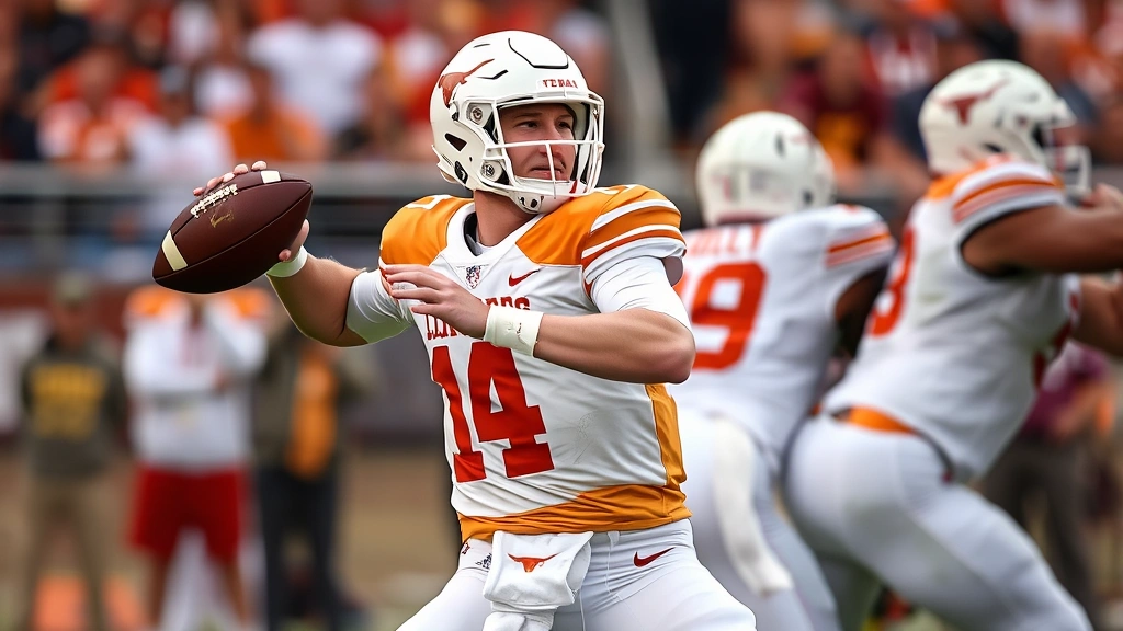 Texas Longhorns quarterback mid-throw during competitive game, focused expression, offensive line protection visible, dynamic action photography showing precision throwing mechanics and game execution