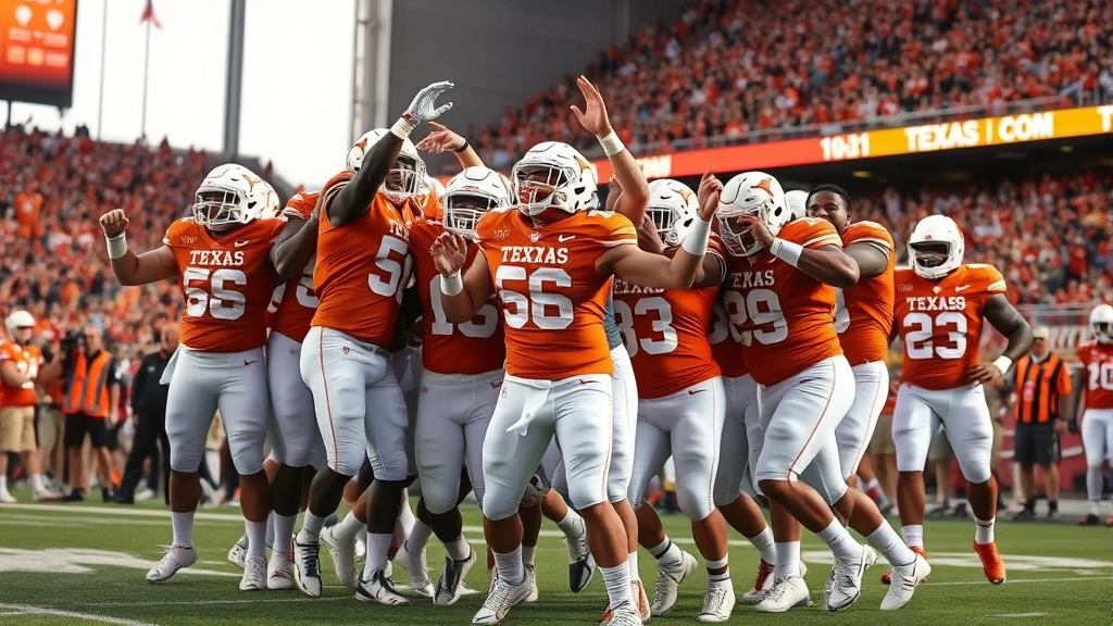 Team celebration moment showing Texas Longhorns players after successful touchdown, unified group energy, stadium atmosphere, capturing team cohesion and competitive excellence in college football environment