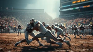 Intense college football game action showing defensive lineman making a tackle in the backfield, muddy field, packed stadium crowd in background, dramatic lighting capturing the collision
