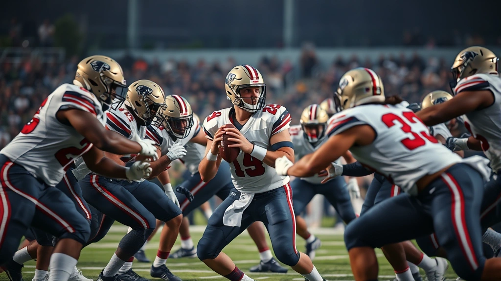 Quarterback under pressure from multiple defensive rushers, offensive linemen attempting to block, stadium lights reflecting off helmets, mid-play action photography