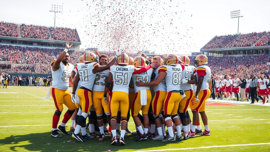 Victorious football team celebrating on field after winning drive, players in huddle formation, confetti or crowd celebration visible, emotional intensity of game-winning moment