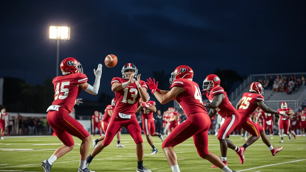 Professional college football players in crimson uniforms executing a perfect passing play during night game under stadium lights, intense focus and athletic precision