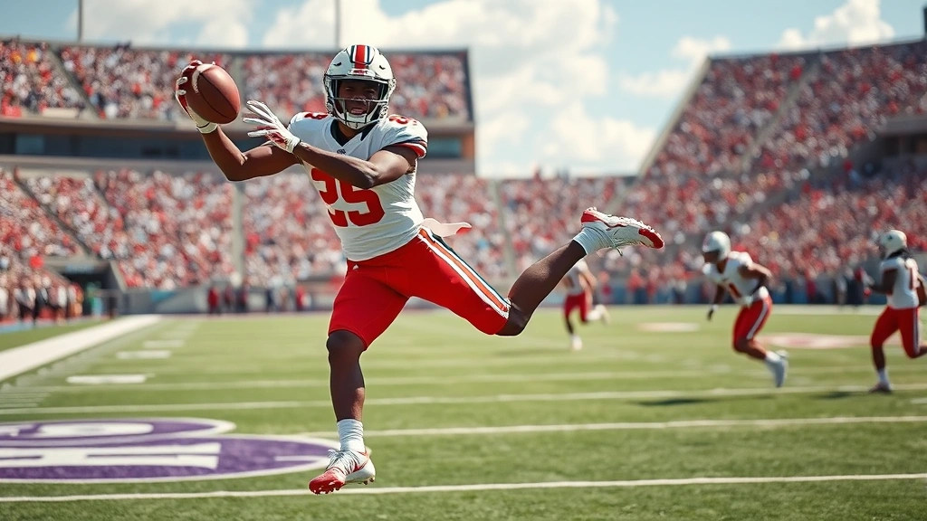 Elite college football wide receiver making an explosive catch mid-air during competitive game, defenders nearby, natural daylight stadium setting