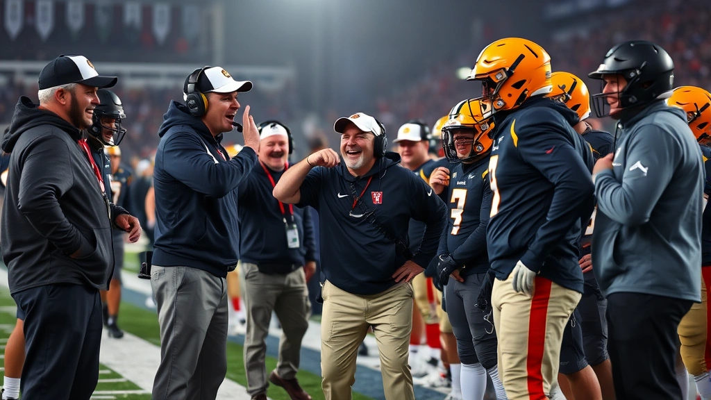 Passionate college football coaching staff celebrating on sideline after scoring drive, showing competitive intensity and team leadership dynamics