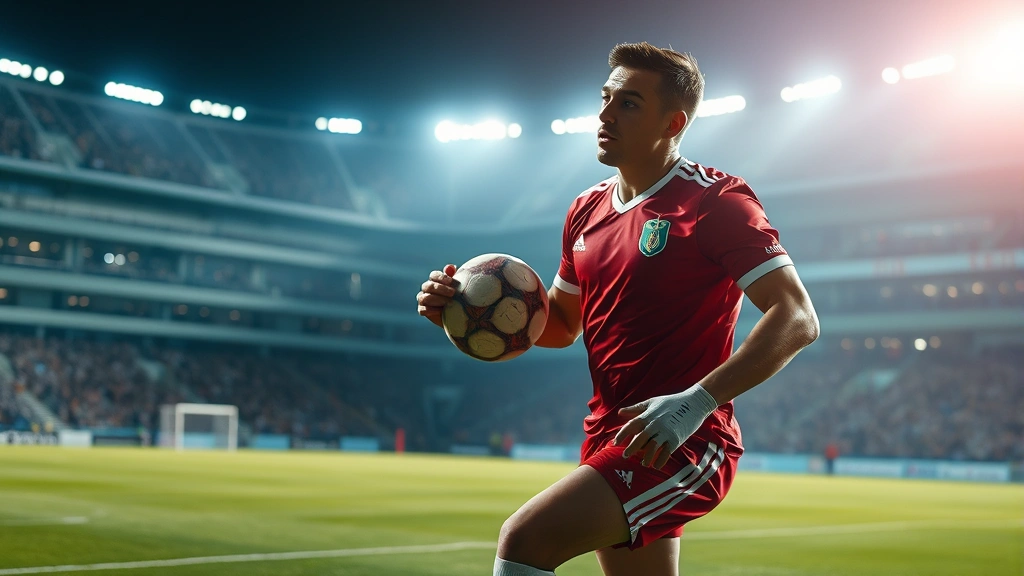 Professional football player in action, mid-game moment, intense stadium lighting, photorealistic, no text or labels visible, high-quality sports photography