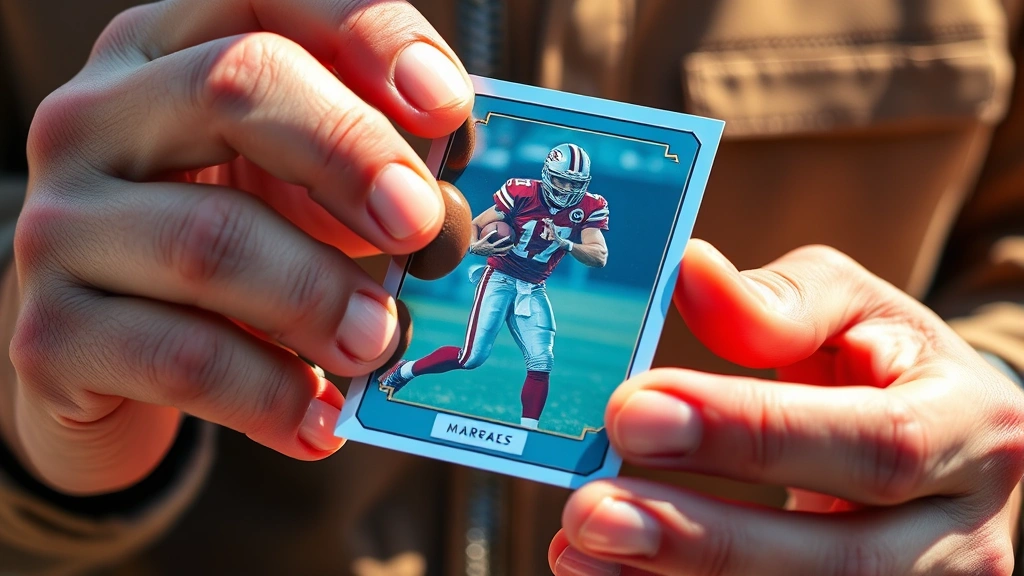 Hands carefully holding and examining a chrome-finished football trading card, natural lighting showing reflective surface, close-up detail, professional card collector aesthetic