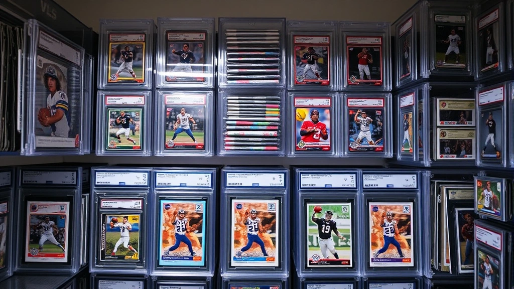 Organized collection of graded trading cards in protective display cases, arranged by player or team, well-lit storage setup, showing premium card preservation methods