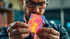 Professional sports card collector carefully examining a holographic refractor football card under bright lighting, showing the prismatic colors and reflective surface effects