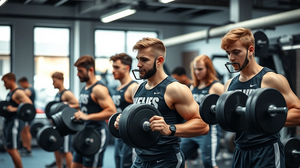 Intense high school football players performing strength training exercises with barbells and dumbbells in a modern weight room, showing focused determination and proper lifting form during a team workout session