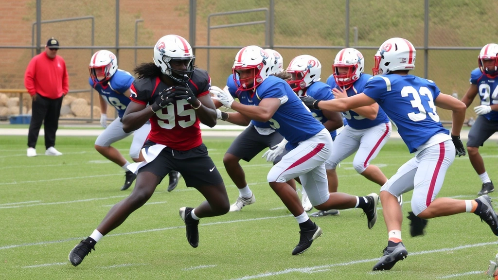 Competitive football players engaged in a dynamic practice drill, executing blocking assignments and running routes with maximum intensity under coaching supervision on a natural grass field