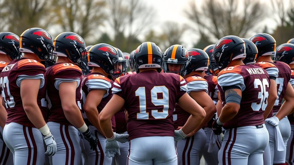 Team huddle moment showing football players gathered together with coaches during game preparation, displaying unity, focus, and mental readiness before championship competition