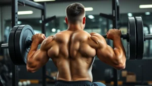 Athletic male football player in gym performing heavy barbell back squat with intense focus, proper form, sweat visible, professional strength training environment
