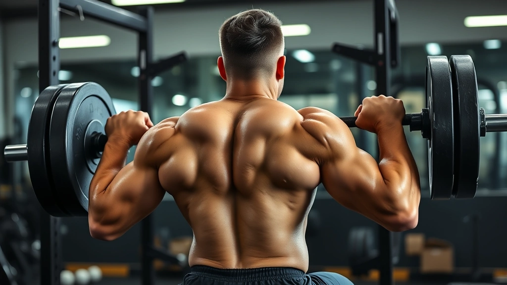 Athletic male football player in gym performing heavy barbell back squat with intense focus, proper form, sweat visible, professional strength training environment