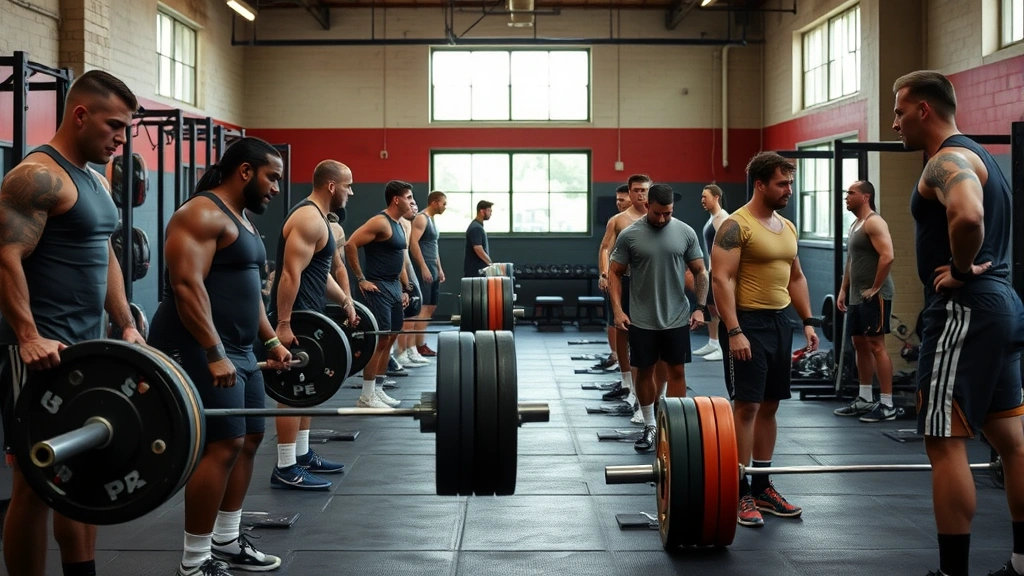 Diverse football team during strength training session, athletes performing deadlifts and compound lifts, motivational gym atmosphere, natural lighting