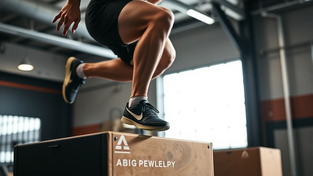 Close-up of athlete's muscular legs and core during explosive plyometric box jump exercise, power and athletic potential visible, professional sports facility