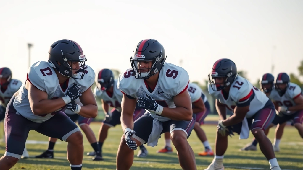 Defensive line players in defensive stance demonstrating proper technique and positioning, multiple players engaged in drill work, intense concentration, outdoor practice field with afternoon lighting