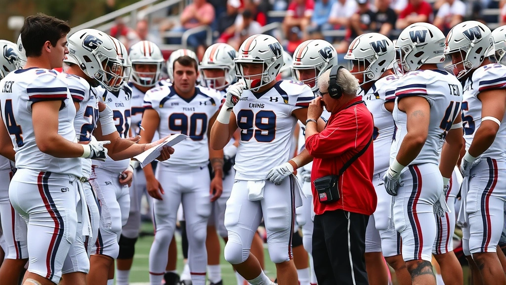 College football team in full uniform gathered on sideline during timeout, coaches gesturing with play sheets, players hydrating and receiving instruction, championship-level intensity visible on faces