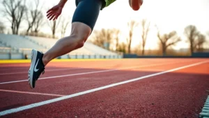 Athlete performing explosive sprinting on outdoor track, muscular legs in dynamic running motion, morning sunlight, photorealistic, no text or labels