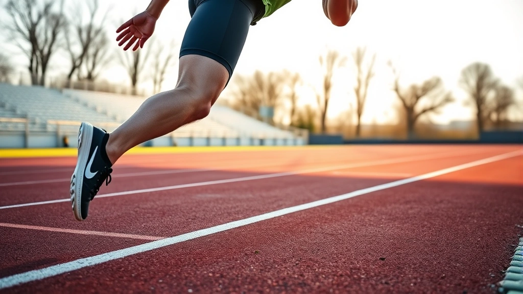 Athlete performing explosive sprinting on outdoor track, muscular legs in dynamic running motion, morning sunlight, photorealistic, no text or labels