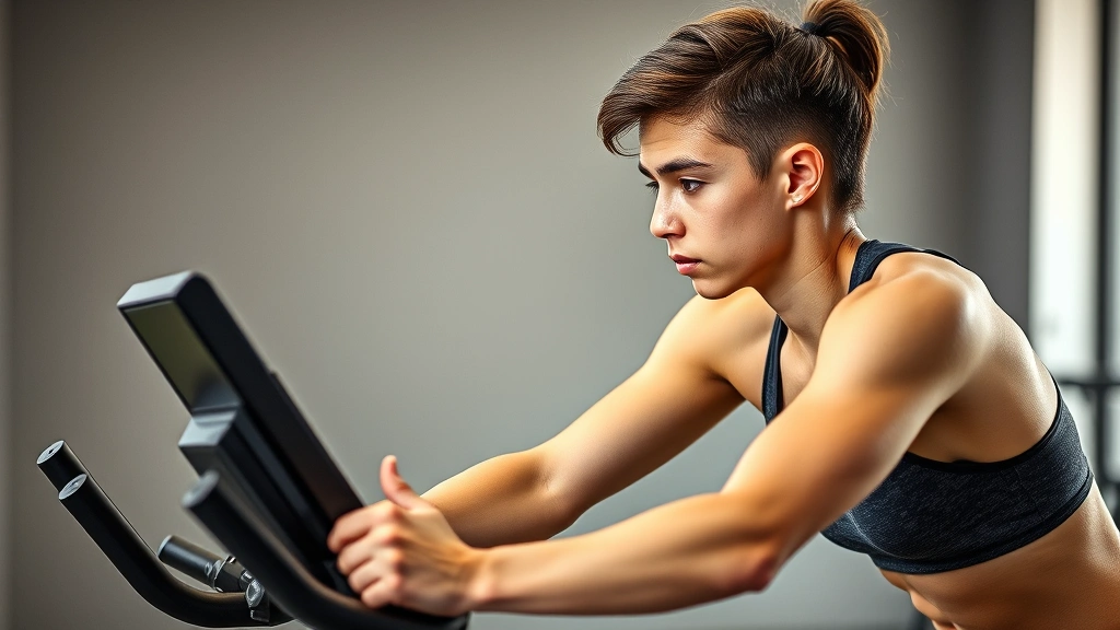 Young fitness enthusiast on stationary bike with focused intensity, sweat visible, indoor cycling studio lighting, professional athletic form, no equipment labels
