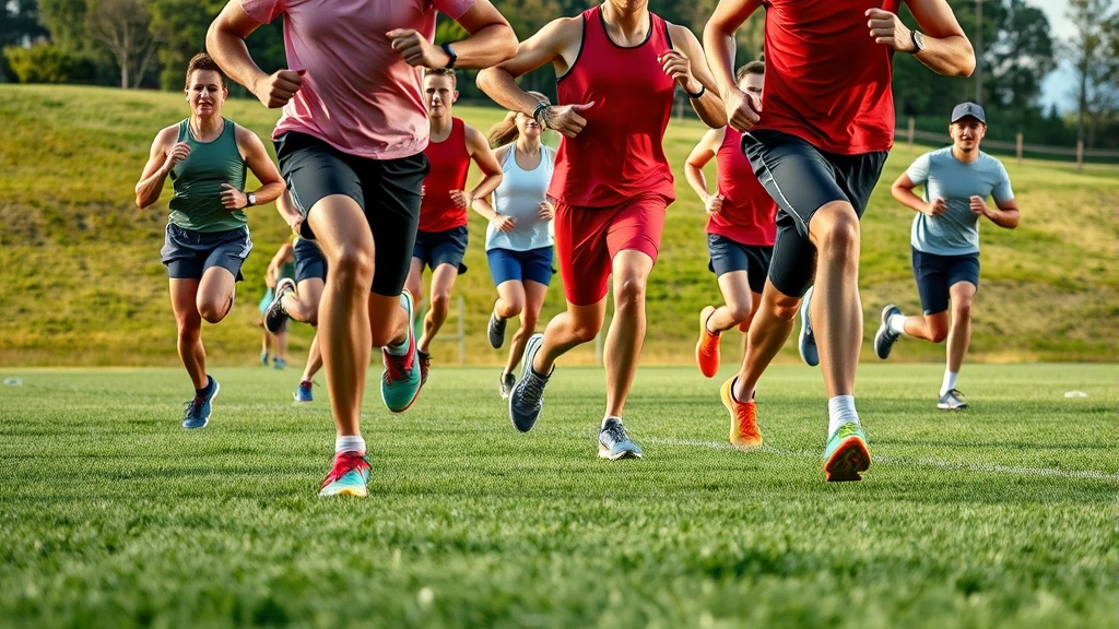 Group of runners during interval training session on grass field, varied fitness levels, dynamic movement captured mid-stride, natural outdoor lighting, no text