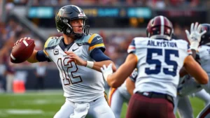 Professional college football quarterback mid-throw against defensive pressure, focused intensity, stadium background blurred, athletic performance captured