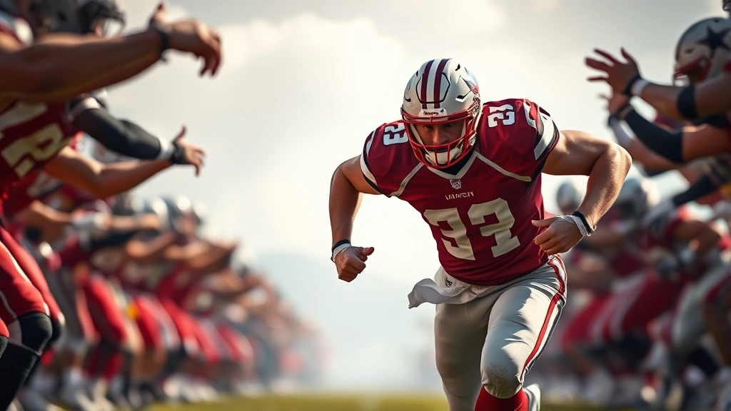 Running back breaking through offensive line gap with determination, muscular physique highlighted, crowd energy visible but soft focus, action-oriented motion