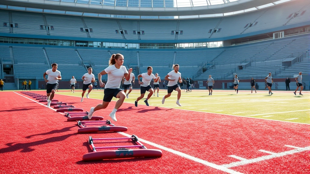 Athletes performing dynamic agility ladder drills on outdoor football field during high-intensity conditioning session, multiple players cutting and accelerating, professional stadium setting