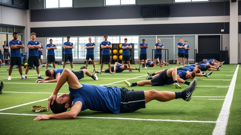 Football team stretching and performing mobility work post-training session, foam rolling and flexibility exercises, recovery protocols, professional athletic facility with recovery equipment