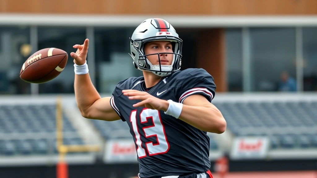 Dynamic college football quarterback throwing pass during practice, intense focus and athletic form, modern football facility background, action shot