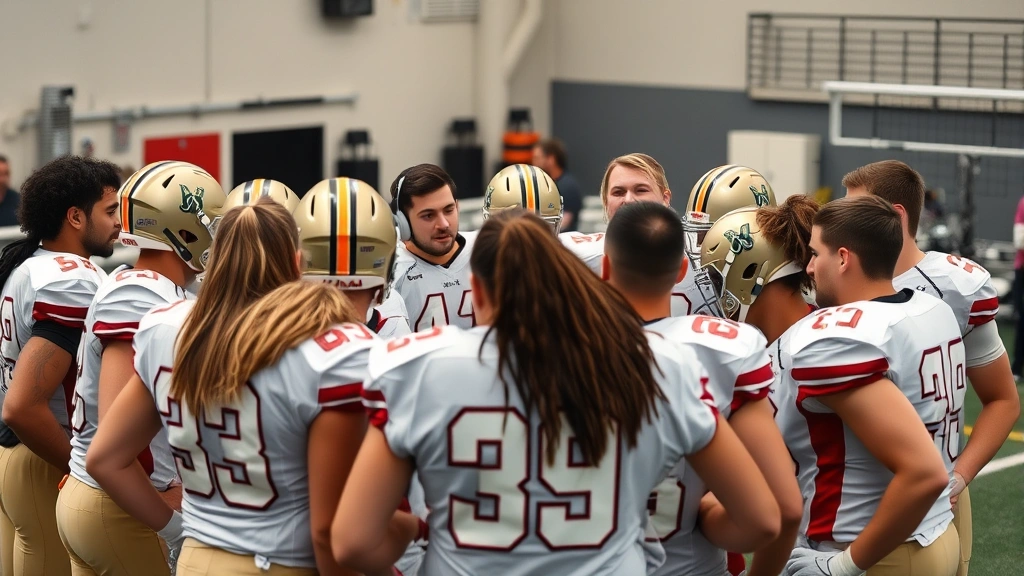 Diverse group of college football players in team huddle, unified body language, coaching staff visible, professional training environment with modern equipment