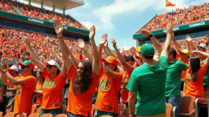 Athletic fans cheering in stadium stands wearing orange and green Miami Hurricanes colors, hands raised celebrating touchdown, natural daylight, energetic crowd atmosphere
