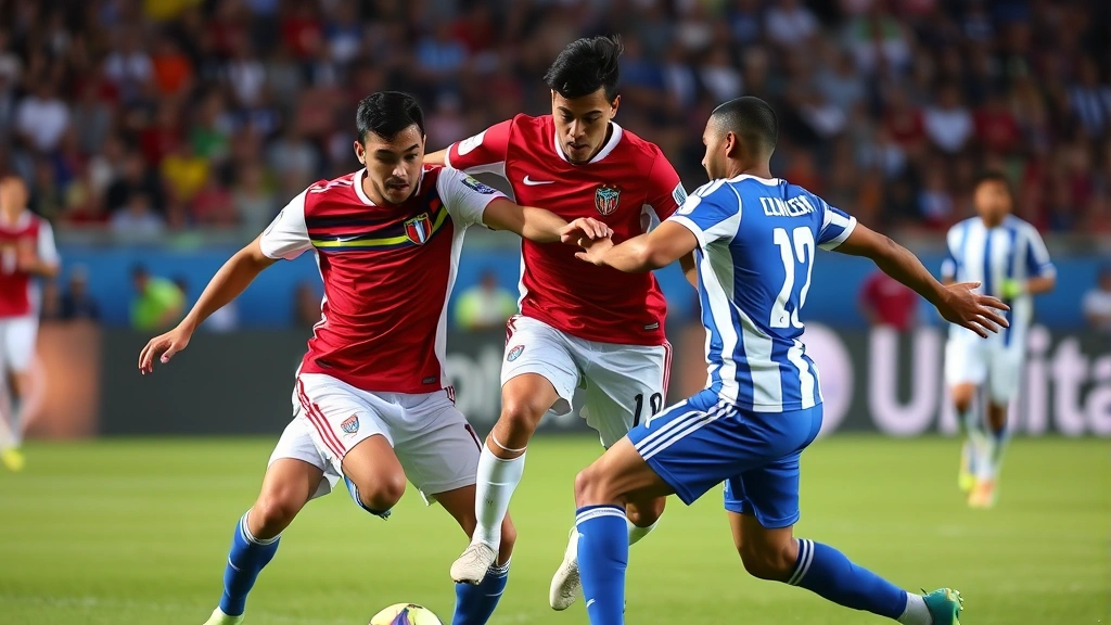 Professional football players in red and white Colombian jersey competing for ball against blue and white Uruguayan striped jersey, intense midfield battle, natural stadium lighting, grass pitch visible, athletic bodies in competitive motion, dynamic action shot
