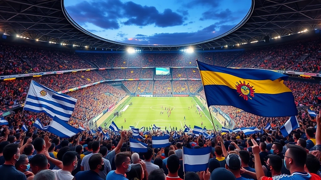 International football stadium filled with passionate fans, Uruguay and Colombia national flags waving throughout crowd, evening match lighting, professional venue architecture, supporters celebrating, vibrant atmosphere capturing rivalry intensity and continental pride
