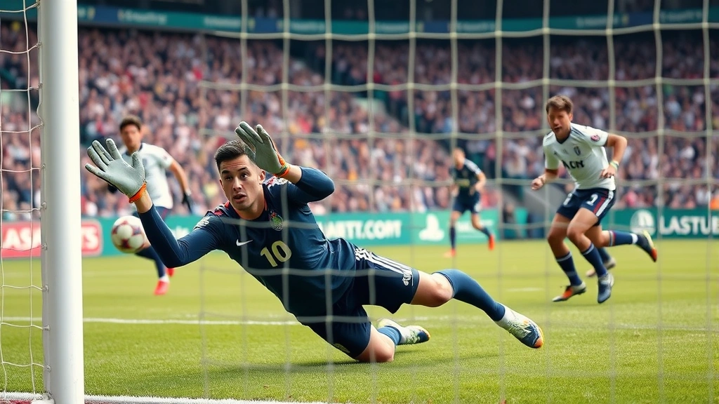 Elite football goalkeeper making athletic save with opposing forwards nearby, professional goalkeeper gloves visible, goal area action, dynamic athletic movement, natural grass pitch, stadium background blurred, showcasing defensive excellence and competitive tension