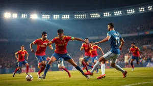 Professional soccer players from South American national teams competing intensely during international match, dynamic action shot with dramatic lighting, showing physical contest and athletic prowess