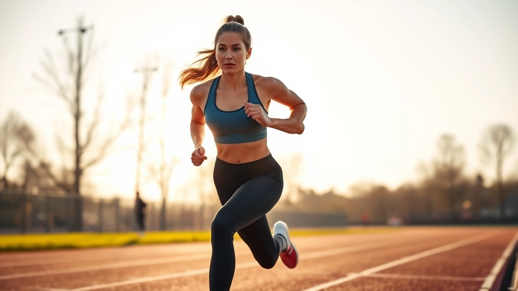 Athletic woman performing intense sprint intervals on outdoor track, full body motion blur, morning sunlight, determined facial expression, fitness athletic wear