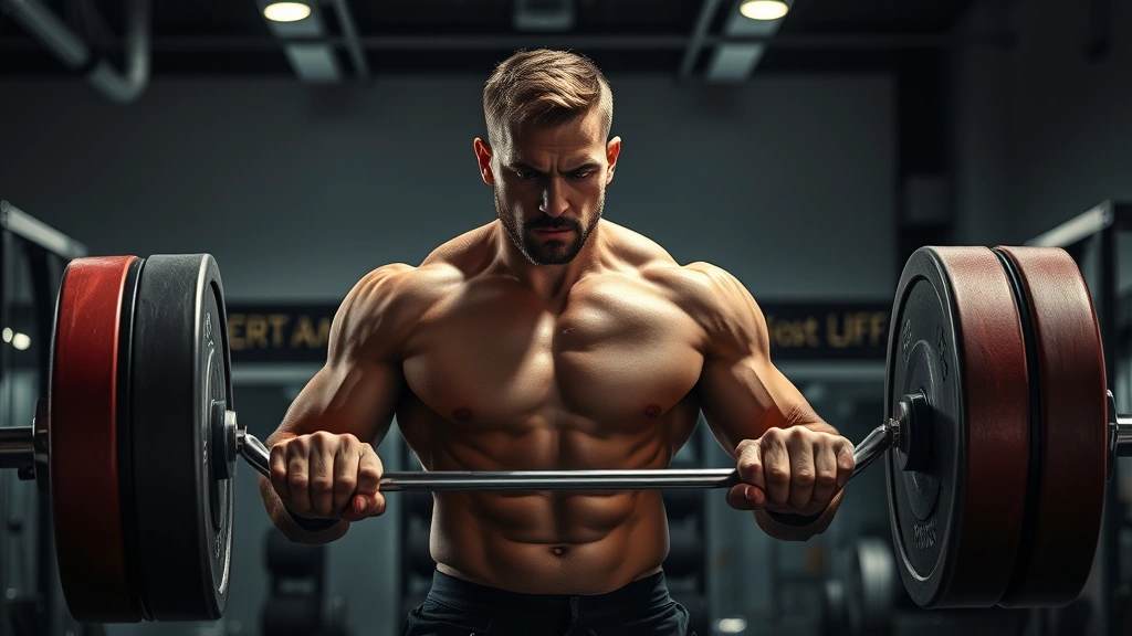 Muscular person executing barbell deadlift in modern gym with dramatic lighting, compound movement focus, intense concentration, sweat visible, strength training setup