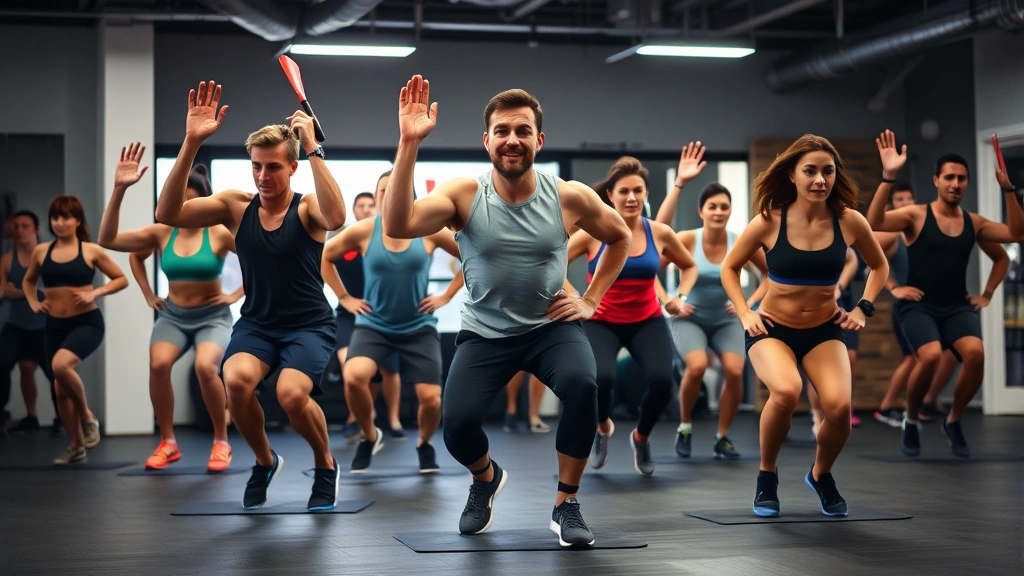 Diverse group of people in circuit training class performing burpees simultaneously, high energy, gym environment, determination and focus, group fitness motivation