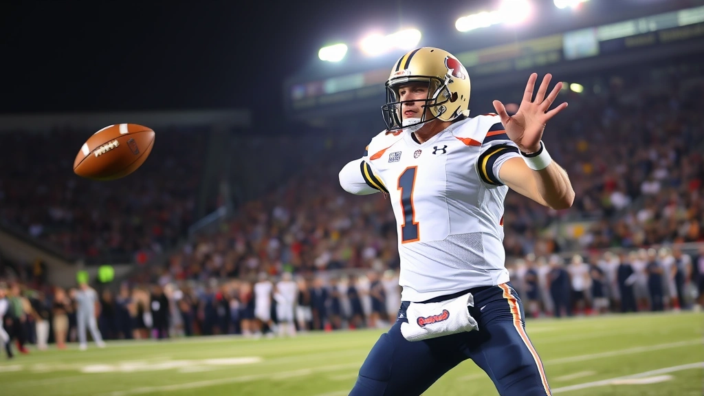 Dynamic college football quarterback mid-pass during night game, stadium lights illuminating professional throwing form, intense competitive focus, crowd energy visible in background