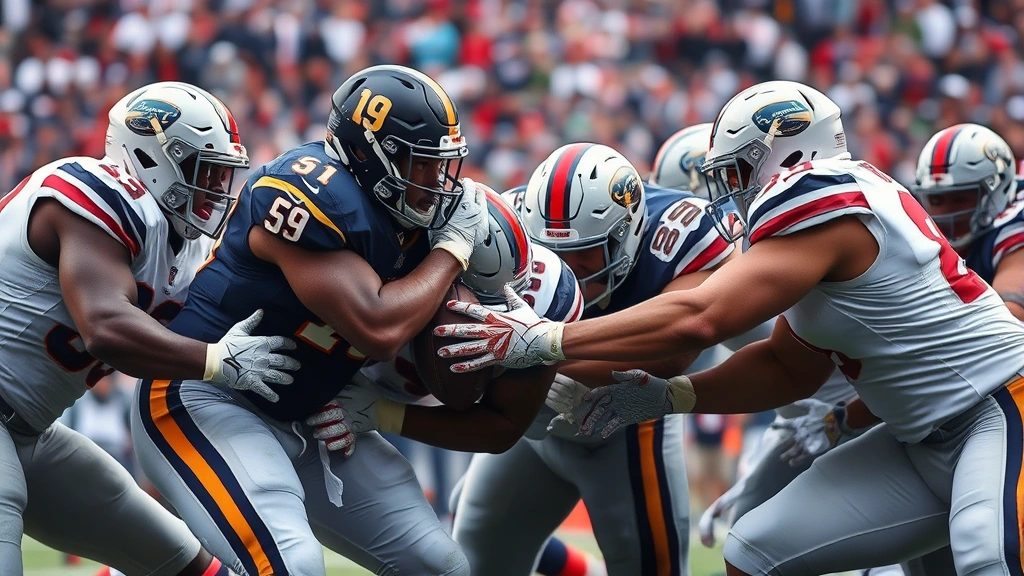 Defensive line clash showing powerful defensive tackle penetrating offensive line gap, explosive contact moment, multiple players engaged in physical struggle, championship-level intensity