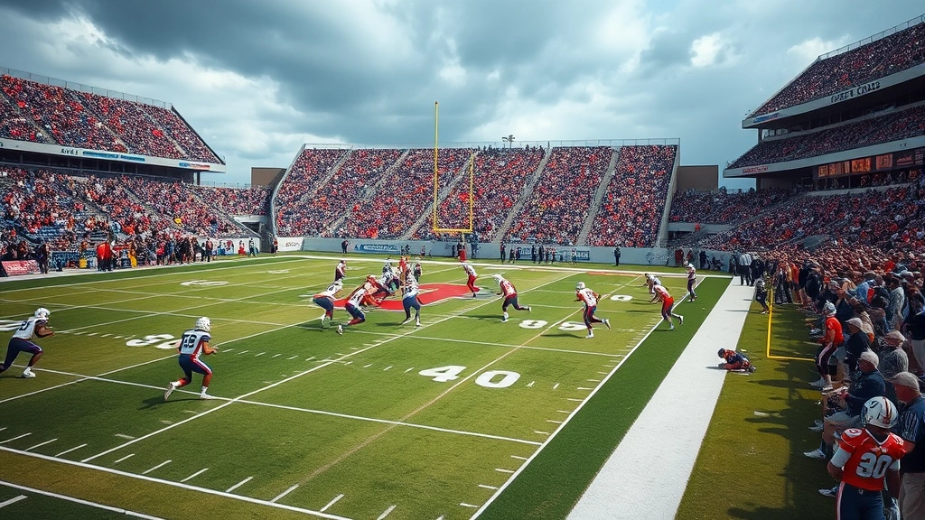 College football field perspective from sideline showing complete offensive formation execution, receivers running precise routes, quarterback in pocket with clear vision, professional stadium atmosphere